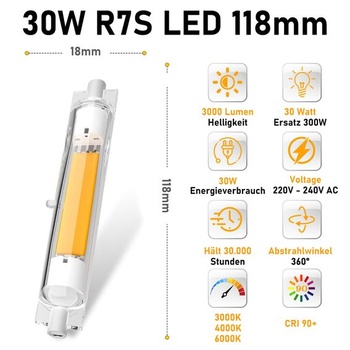 R7S LED 118mm stmievateľná, 30W R7S LED náhrada za halogénovú trubicu 118mm 300W, teplá biela 3000K,