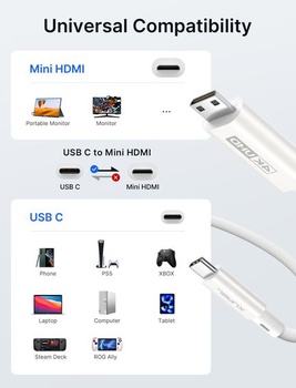 Kábel JSAUX USB C na Mini HDMI 3M, 4K typ C na Mini HDMI - (bez HDMI) 3M biely