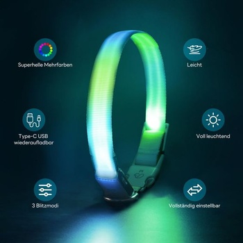 LED obojok pre psov, svietiaci obojok s RGB svetelným režimom Macaron, dobíjací USB-C, vodotesný,