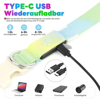 LED obojok pre psov, svietiaci obojok s RGB svetelným režimom Macaron, dobíjací USB-C, vodotesný,