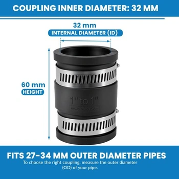 2 kusy Flexibilná objímka / spojka potrubia Ø 32 mm | Rozsah upínania 27-34 mm | Pre plast, meď a