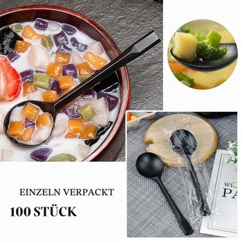 100dielna sada čiernych opakovane použiteľných dezertných lyžičiek (5,59 palca/14,2 cm), kempingové