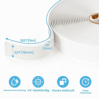 Butylová šňůra TAPEBEAR bílá 19 mm x 9 m, 3 mm silná oboustranná butylová lepicí páska, voděodolná