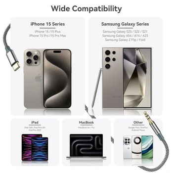 Kabel Henrety USB-C na 3,5mm AUX, adaptér z USB-C na samec, stereo prodlužovací kabel pro iPhone 16