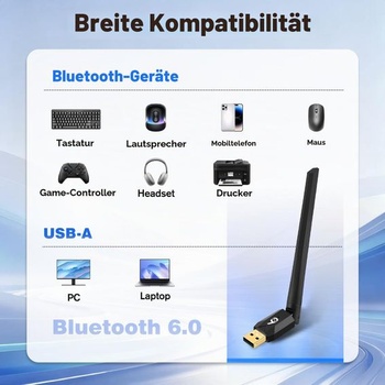 Bluetooth 6.0 adaptér s USB dongle pre PC, mini USB Bluetooth adaptér s 5dBi anténou pre Windows