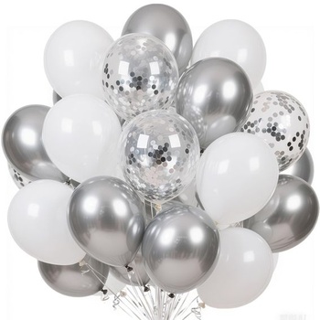 Strieborné a biele balóniky, 60 kusov, konfety strieborné balóniky, 12-palcové svadobné balóniky, metalické