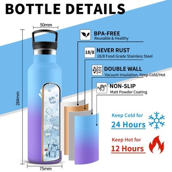 Fľaša na vodu z nerezovej ocele, 750 ml, bez BPA, so slamkou, na každodenné použitie, do auta,