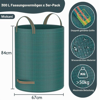 Pytle na zahradní odpad Mokani, 300 l x 3 zahradní pytle, odolné, s rukojeťmi, opakovaně použitelné