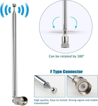 VooGenzek 75cm teleskopická 7dílná FM rádiová anténa 75 ohmů, DAB vnitřní anténa s F-konektorem pro