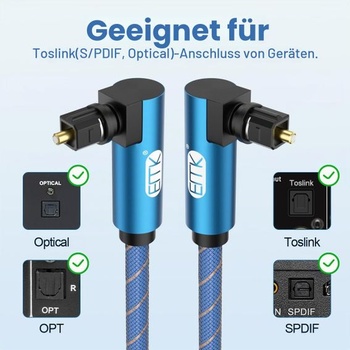Optický kabel EMK 90 stupňů, pravoúhlý, Toslink optický audio kabel (3 m), modrý, 3 m