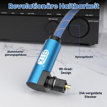 Optický kábel EMK 90 stupňov, pravouhlý, Toslink optický audio kábel (3 m), modrý, 3 m