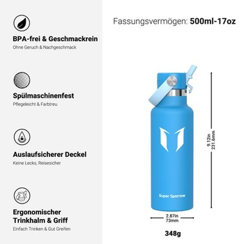Termoska Sparrow z nerezovej ocele 500ml/750ml/1l/1,2l so slamkou 500ml C - nebesky modrá