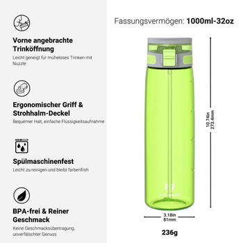 Fľaša na pitie Sparrow so slamkou - tritánová fľaša na vodu 500ml, 750ml, 1l 1000ml limetková