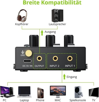 Mini audio mixážny pult LiNKFOR, aktívny mixážny pult, 2kanálový stereo audio mixážny pult s 1