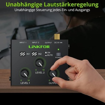Mini audio mixážny pult LiNKFOR, aktívny mixážny pult, 2kanálový stereo audio mixážny pult s 1