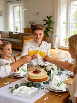 40 birmovacích obrúskov + 60 drevených rybičiek, birmovacie dekorácie pre chlapcov a dievčatá, eukalyptovo