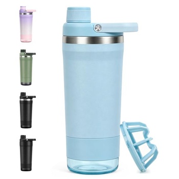Proteínový šejker z nerezovej ocele, 700ml nerezový šejker s priehradkou na prášok, mätovo modrá