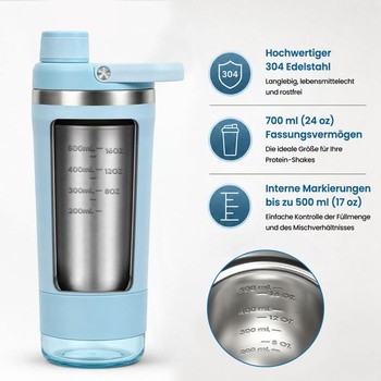 Proteínový šejker z nerezovej ocele, 700ml nerezový šejker s priehradkou na prášok, mätovo modrá