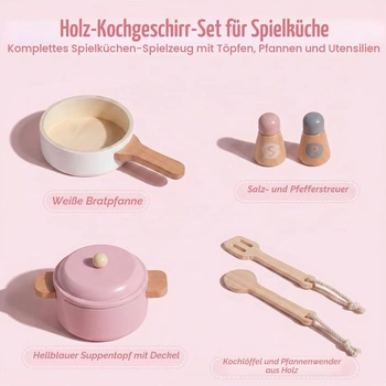 Sada dřevěného nádobí WoodenFun, kuchyňské doplňky, bezpečný dárek na hraní rolí pro děti od 3 let