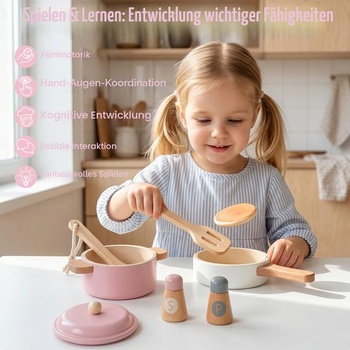 Sada dřevěného nádobí WoodenFun, kuchyňské doplňky, bezpečný dárek na hraní rolí pro děti od 3 let