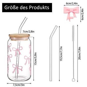 Sklenený hrnček s mašľou, 500ml ružový sklenený hrnček s mašľou, viečkom a slamkou, univerzálny pohár