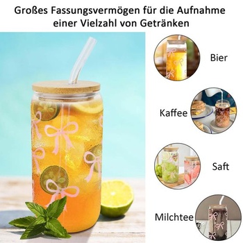 Skleněný hrnek s mašlí, 500ml růžový skleněný hrnek s mašlí, víčkem a brčkem, univerzální sklenice