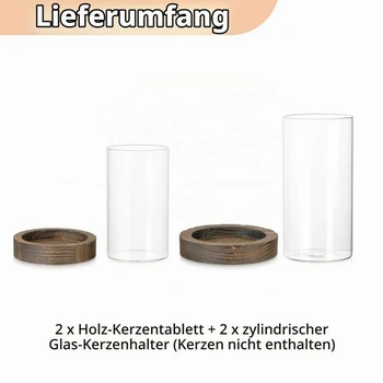 Sklenený valcový svietnik NUPTIO, stĺpikové sviečky, sklo, drevo, 20 cm + 16 cm, výška, hnedá