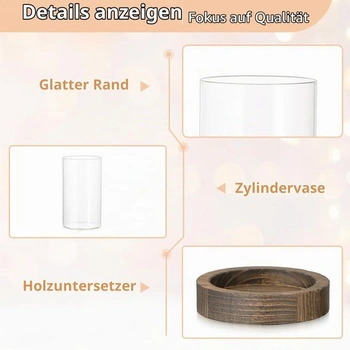 Sklenený valcový svietnik NUPTIO, stĺpikové sviečky, sklo, drevo, 20 cm + 16 cm, výška, hnedá