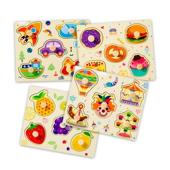 Drevené puzzle pre batoľatá, 4 designy – drevené puzzle s veľkými rukoväťami a zodpovedajúcimi