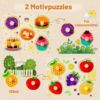 Drevené puzzle pre batoľatá, 4 designy – drevené puzzle s veľkými rukoväťami a zodpovedajúcimi