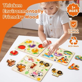 Drevené puzzle pre batoľatá, 4 designy – drevené puzzle s veľkými rukoväťami a zodpovedajúcimi