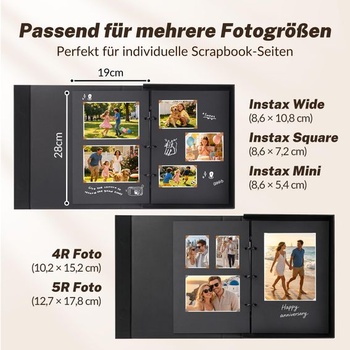 DazSpirit 3-krúžkový fotoalbum pre personalizáciu, 70 čiernych strán, čierne