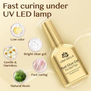 UNA GELLA 6v1 UV lepidlo na umelé nechty 15ml, super silné gélové lepidlo a podkladový lak na mäkké