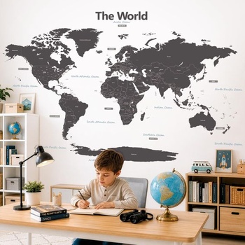 DECOWALL Moderná mapa sveta šedá samolepka na stenu Krajina Oceány Moderné (DL3-1609G) cca 159 × 100,4
