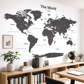 DECOWALL Moderná mapa sveta šedá samolepka na stenu Krajina Oceány Moderné (DL3-1609G) cca 159 × 100,4
