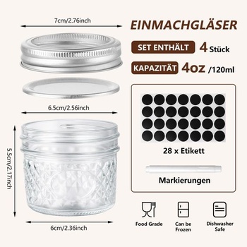 Sada 4 zaváracích pohárov s viečkami OAMCEG, poháre na marmeládu 120 ml, zaváracie poháre Mason