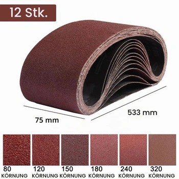 12dielna sada brúsnych pásov 75x533 mm, brúsne pásy a brúsny papier pre pásovú brúsku, zrnitosť