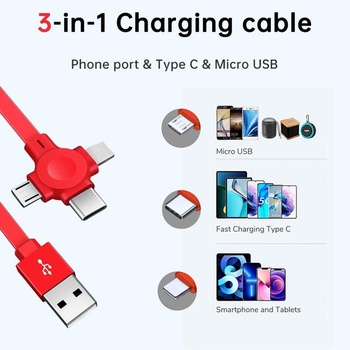 Balenie 3 kusov zaťahovacieho nabíjacieho kábla 3 v 1 pre iPhone, Android, USB-C, Micro USB, modrý+