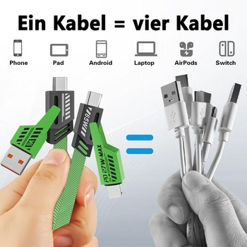 Balenie 2 ks 2m 4v1 USB-C nabíjací kábel nylon pre iPhone, Samsung, MacBook, zelený