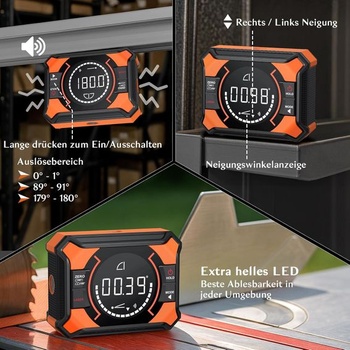Digitálny uhlomer 3 v 1, laserový sklonomer s magnetom, dobíjací uhlomer 0-90° a 0-180°, 10m