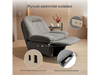 Elektrické polohovacie kreslo XR6-OVAL-G-EUAM s USB, otočné, šedé - A