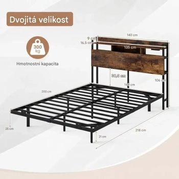 Rám postele s nabíjacou stanicou a LED osvetlením HU11356DE, 106 x 140 x 218 cm, čierno / hnedá - B