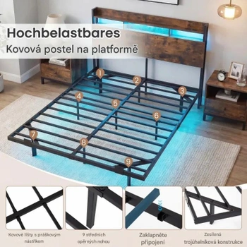 Rám postele s nabíjacou stanicou a LED osvetlením HU11356DE, 106 x 140 x 218 cm, čierno / hnedá - B