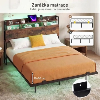 Rám postele s nabíjacou stanicou a LED osvetlením HU11356DE, 106 x 140 x 218 cm, čierno / hnedá - B