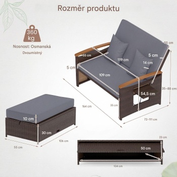 Sedacia súprava HW75164GR, dvojmiestna pohovka a taburet, ratan, hnedo/šedá - B