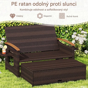 Sedací souprava HW75164GR, dvoumístná pohovka a taburet, ratan, hnědo/šedá - B