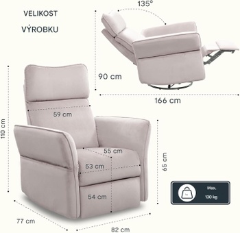 Polohovacie kreslo XR8BG-EU, nastaviteľné lakťové opierky, nosnosť 130 kg, béžové - A