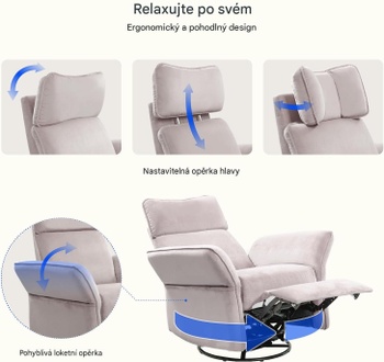 Polohovacie kreslo XR8BG-EU, nastaviteľné lakťové opierky, nosnosť 130 kg, béžové - A