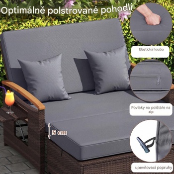 Sedacia súprava HW75164GR, dvojmiestna pohovka a taburet, ratan, hnedo/šedá - B