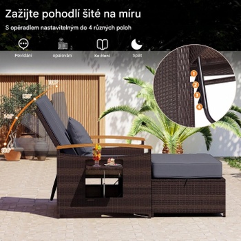 Sedací souprava HW75164GR, dvoumístná pohovka a taburet, ratan, hnědo/šedá - B